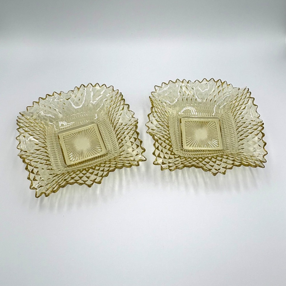 Vintage Yellow Indiana Glass, Diamond‎ Cut, Ruffle Edge, Square Dish, Set of 2